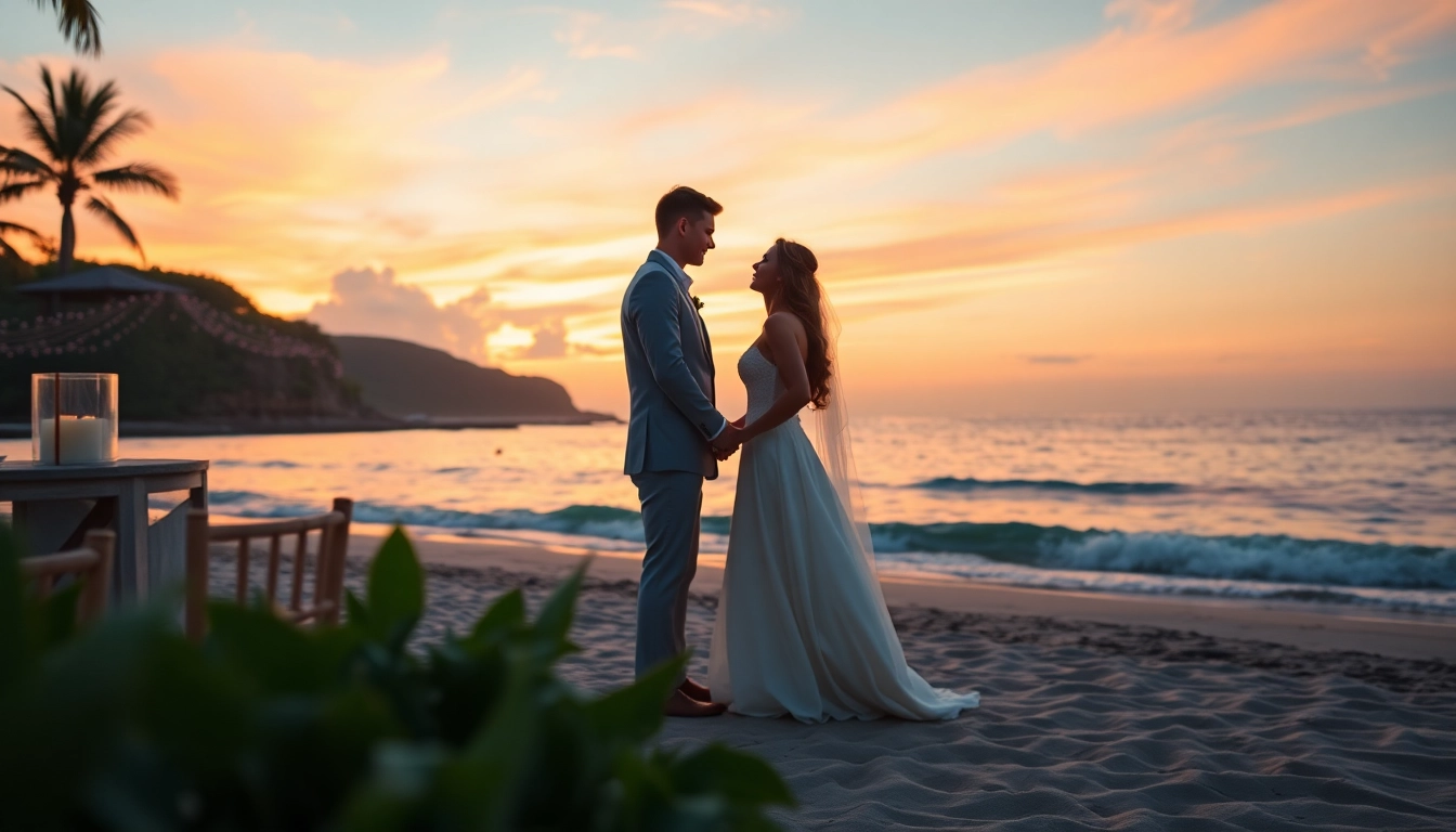 Capture a couple's intimate moment by a destination photographer during a sunset wedding.