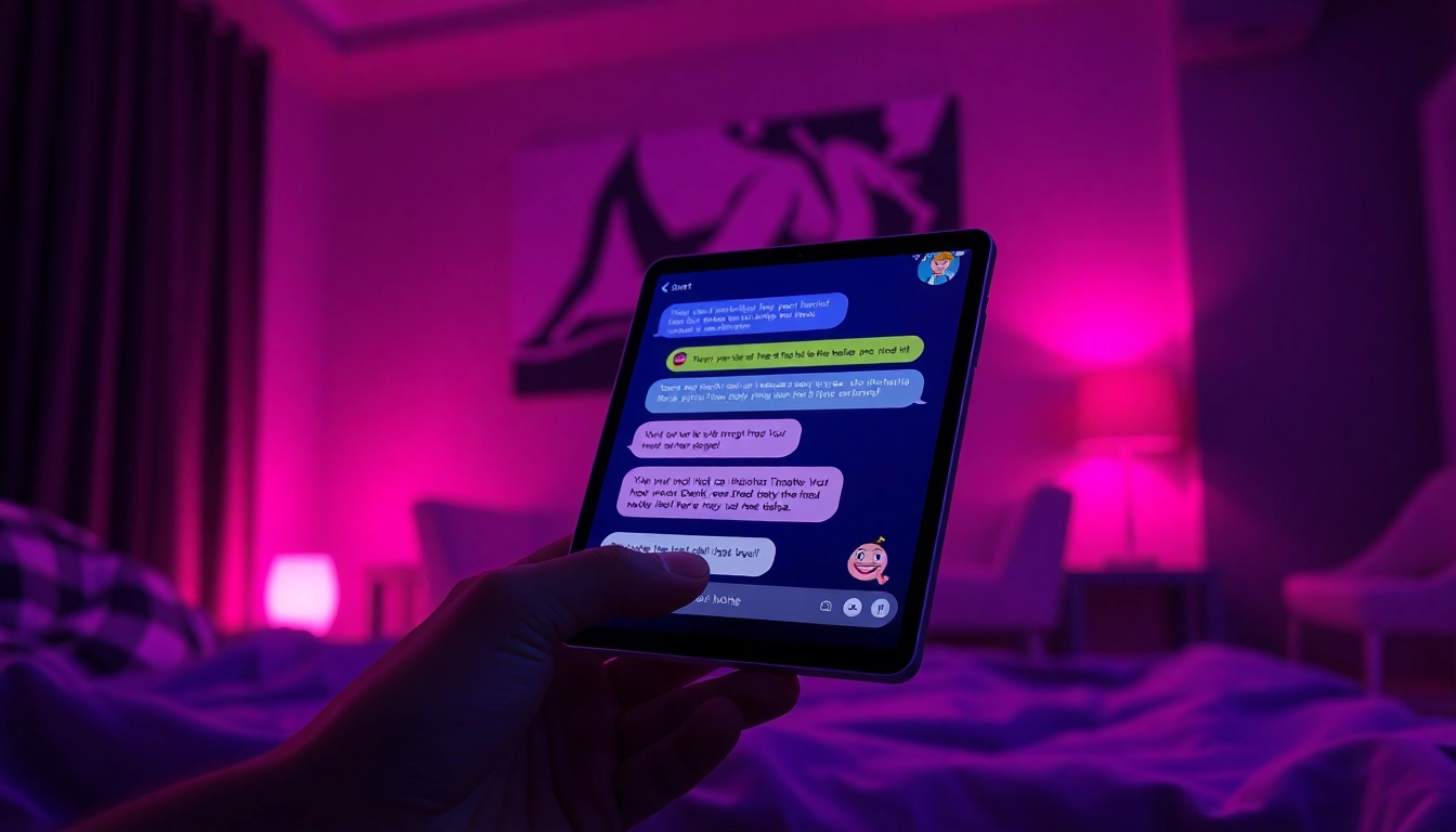 Engaging illustration of a porn chat AI interface in a dimly lit, intimate setting, showcasing interactive digital conversation.