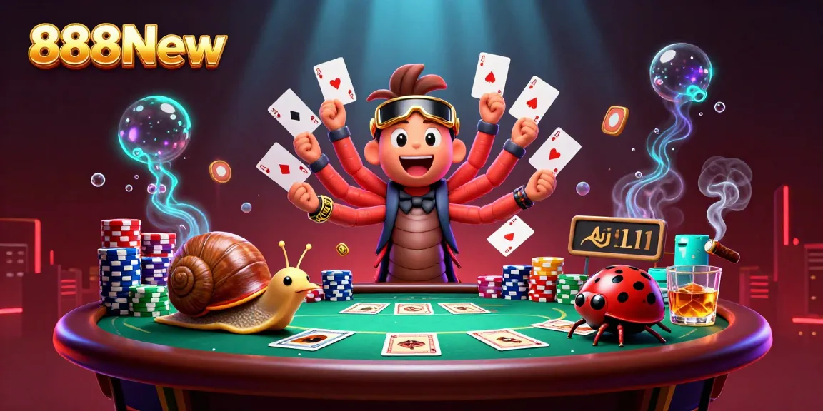 Engage with 888New's vibrant casino scene featuring lively characters and dynamic poker elements.