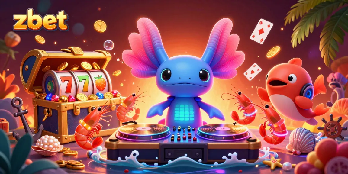 Spin to win at zbet with a vibrant axolotl DJ and exciting casino elements!