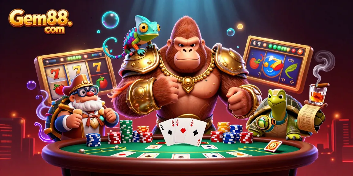 Engage with Gem88. com's thrilling slot game experience featuring a powerful gorilla and friends.