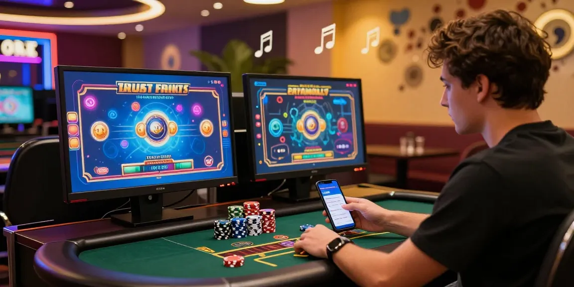 Excited player gaming at credit card casinos with vibrant screens and modern setup.