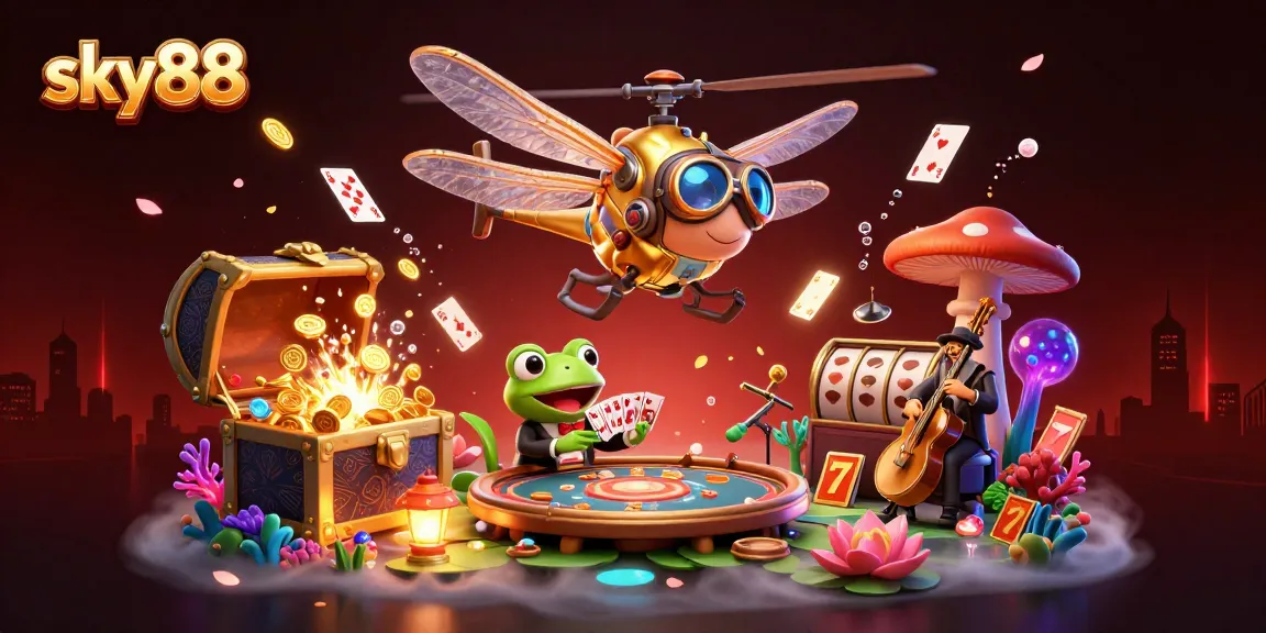 Engage in thrilling games at sky88 with a vibrant 3D casino scene featuring a dragonfly pilot and a frog dealer.