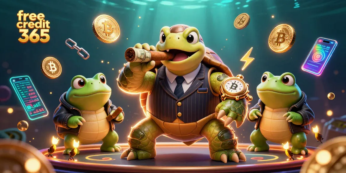 Experience winning with free credit 365 in a vibrant casino scene featuring a turtle mobster.