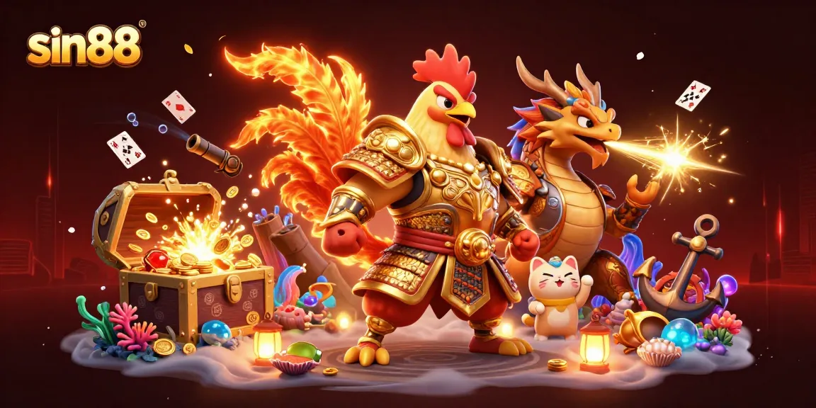 Engage in thrilling action with sin88's dynamic casino characters, including a warrior rooster and dragon hatchling.