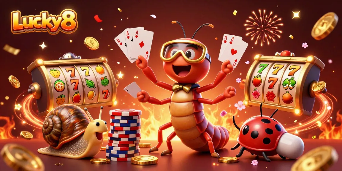 Experience the thrill of gaming at Lucky8 with a vibrant and dynamic 3D casino illustration.