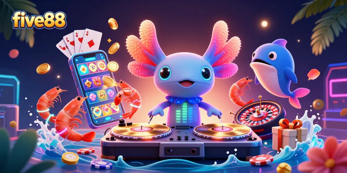 Engage with five88's exciting casino environment featuring an axolotl DJ, vibrant games, and thrilling energy.