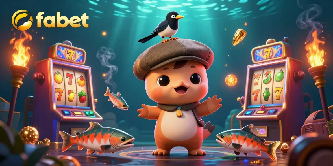 Experience the fun at fabet with playful characters and vibrant slot machines in a rich casino scene.