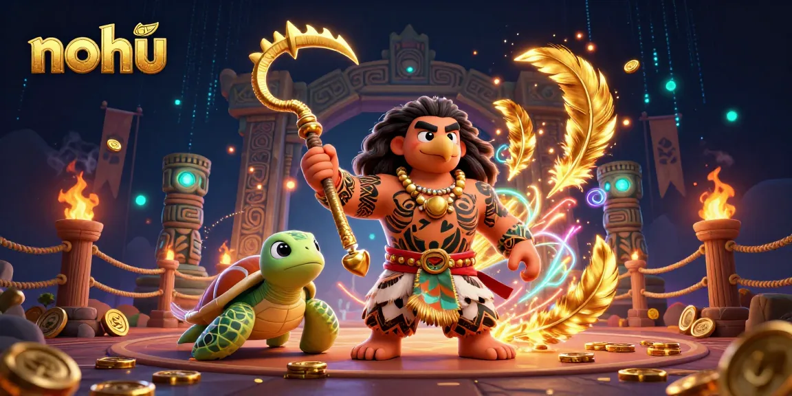 Nohu casino gaming illustration featuring a Polynesian demigod and turtle in a vibrant arena setup.