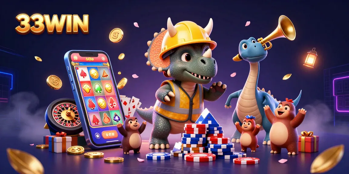 Engage in thrilling gameplay with 33WIN as characters build poker chip pyramids in a vibrant casino atmosphere.