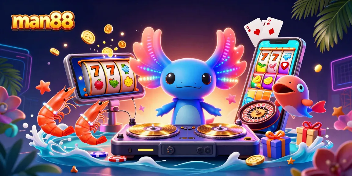 man88 energizes players with vibrant casino-themed 3D art featuring an axolotl DJ and colorful slots