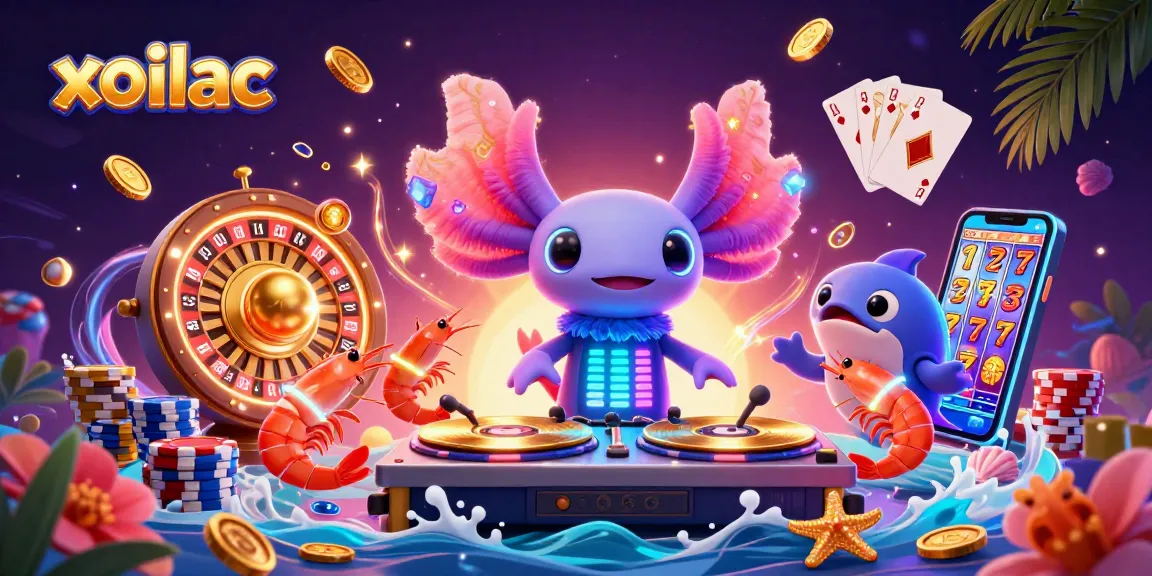 Xoilac features a vibrant 3D cartoon scene with a DJ axolotl, dancing shrimp, and a beatboxing blowfish, celebrating the excitement of online gambling.