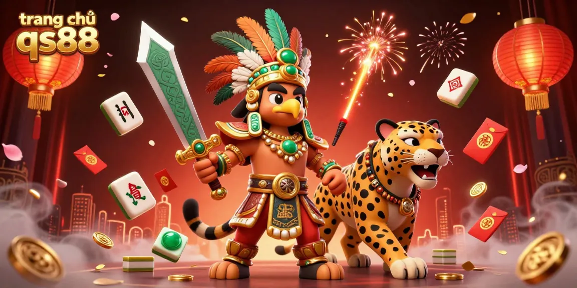 Engage with the vibrant action of trang chủ qs88 casino scene featuring Aztec warriors and festive elements.