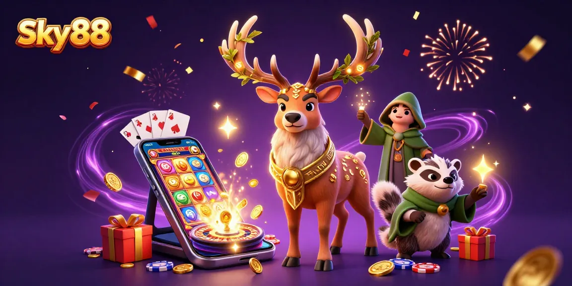 Spin the reels at Sky88 with vibrant casino elements and magical characters in focus.