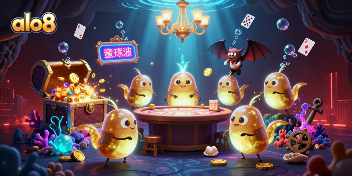 Engage with ALO8's vibrant underwater casino scene featuring glowworms and a bat dealer