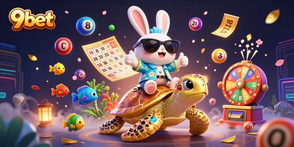 9bet showcases an adorable lucky rabbit with a golden sea turtle among dynamic casino-themed elements.