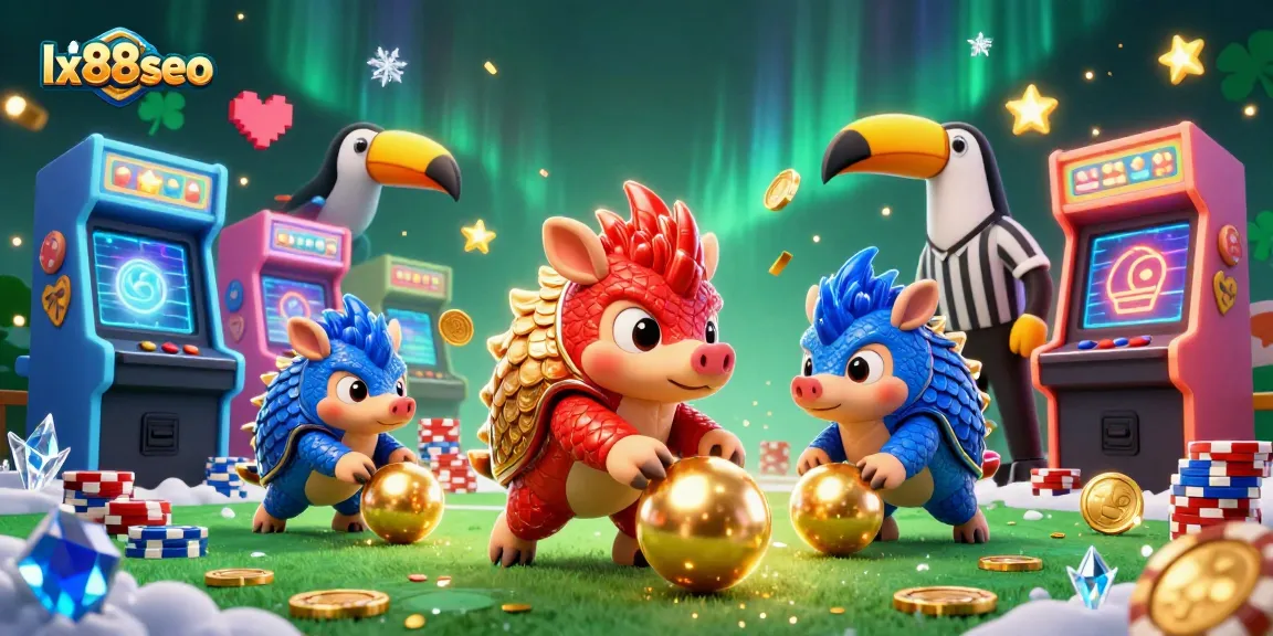 Experience exciting gameplay at lx88seo with animated pangolins bowling through poker chips in a colorful casino.