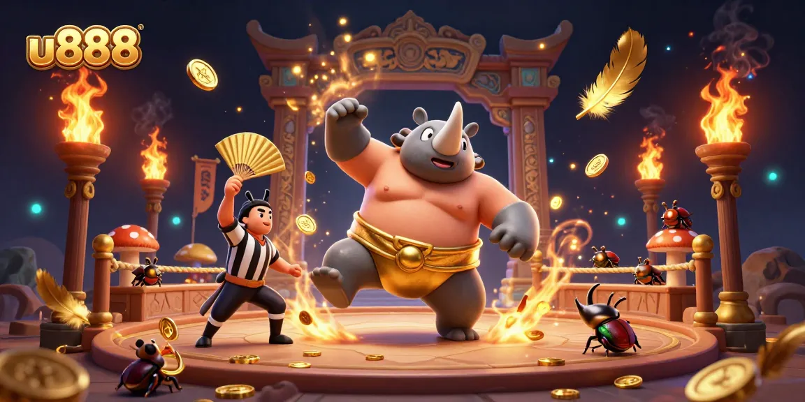 u888's exciting casino showdown with a cartoon rhinoceros beetle champion and glittering gold