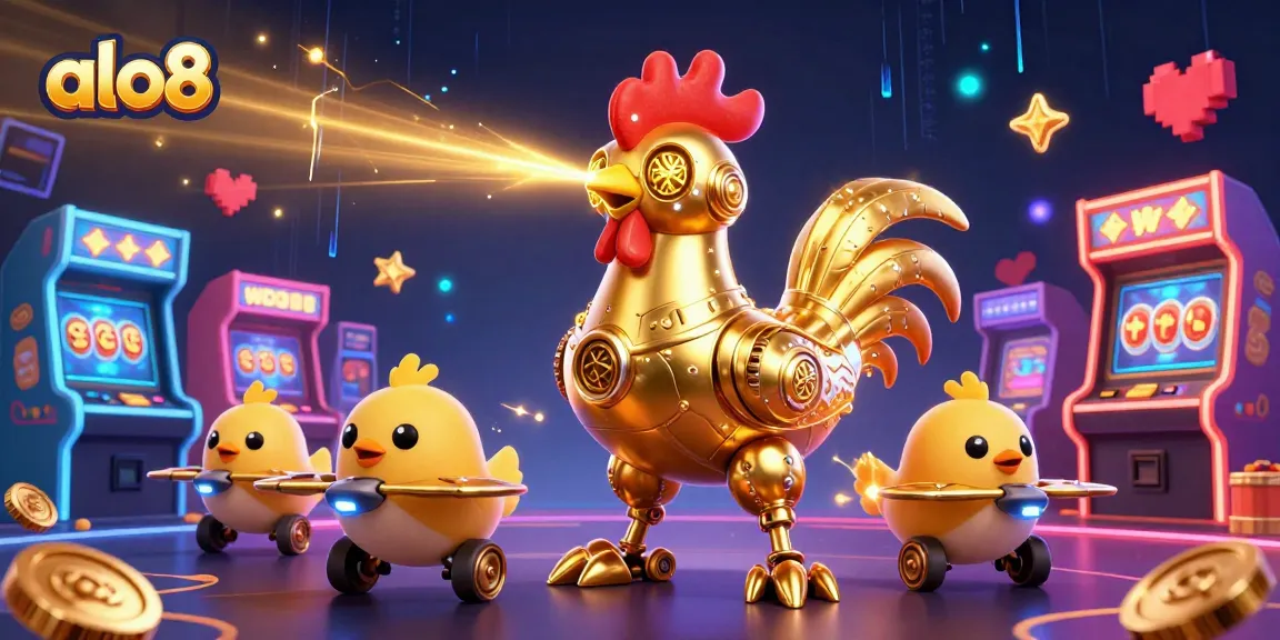 alo8 showcases a golden rooster robot engaging players in an electrifying casino scene.