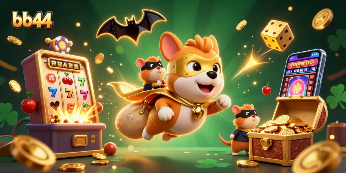 bb44's cartoon superhero dog and sidekick showcase thrilling casino excitement with jackpot symbols.