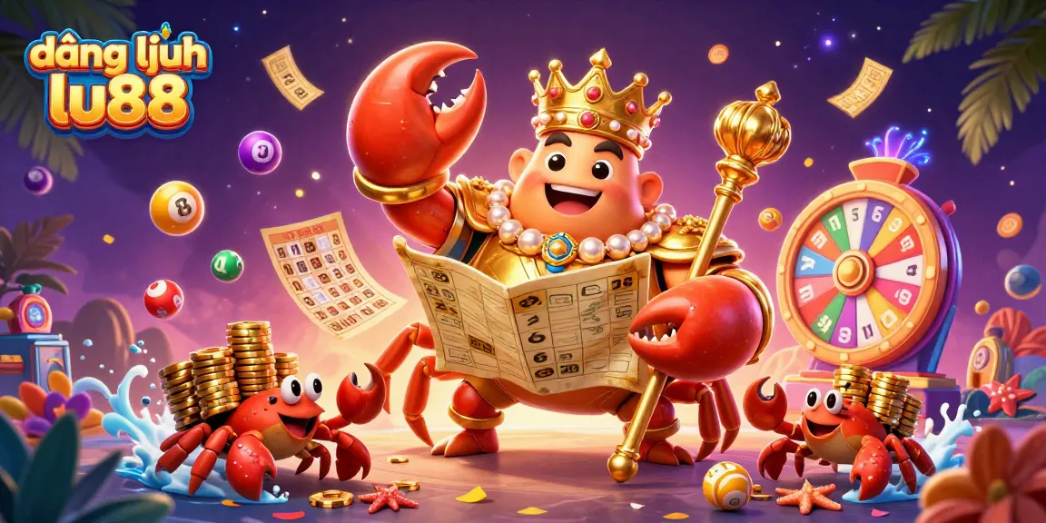 Engage in the excitement of đăng nhập lu88 with a vibrant 3D illustration showcasing a golden crab emperor amidst casino-themed elements.