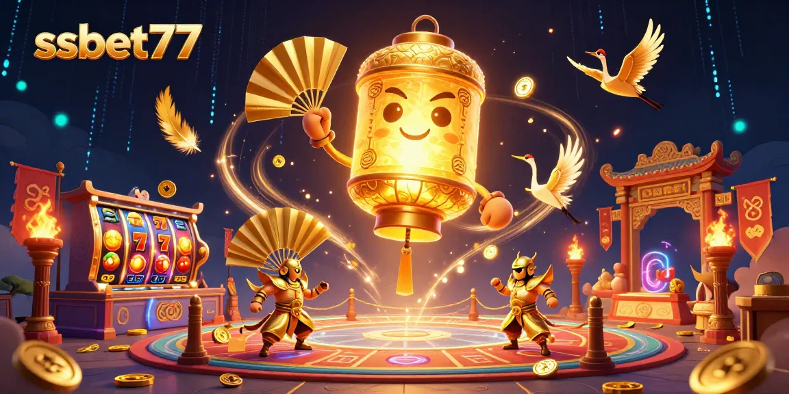 Experience thrilling gameplay at ssbet77 with colorful slot reels, golden lantern spirit, and lively casino elements.