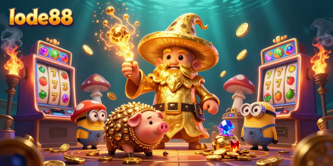 Engage with lode88 by spinning slots alongside a magical golden wizard in a vibrant casino.