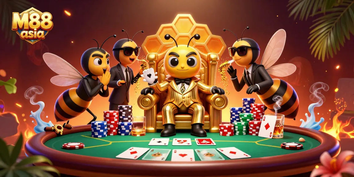 Engage with M88 asia in this vibrant casino scene featuring poker chips and a dynamic atmosphere.