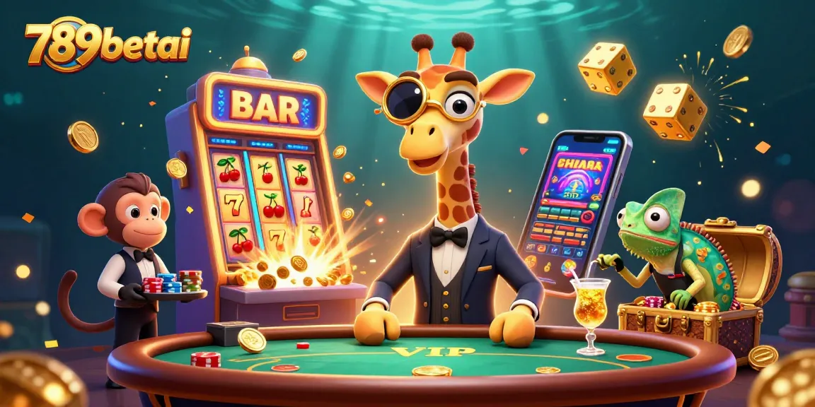 Experience 789betai's dazzling casino atmosphere with a high-roller giraffe and a monkey valet.