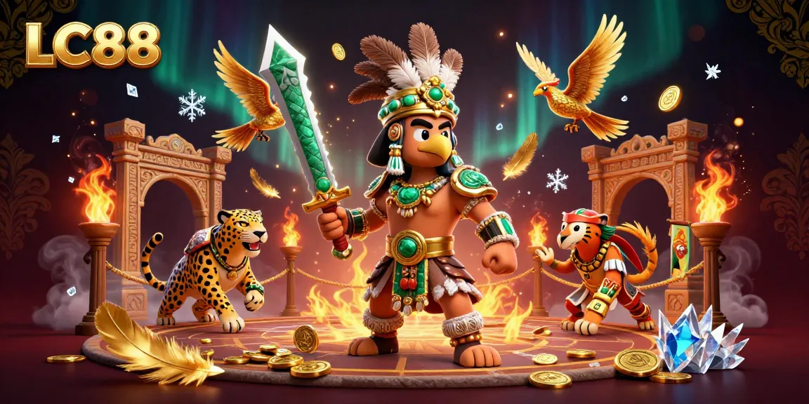 Engage in thrilling action at LC88 with vibrant warrior characters amidst swirling golden casino elements.