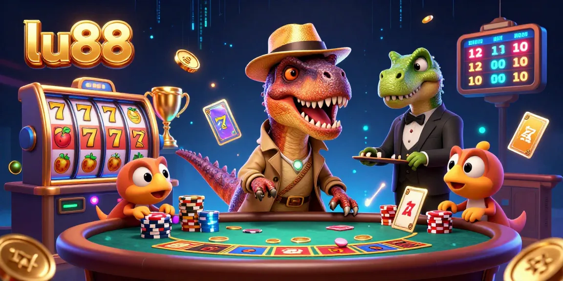 lu88 reveals a thrilling blackjack scene with a velociraptor card counter and casino elements.
