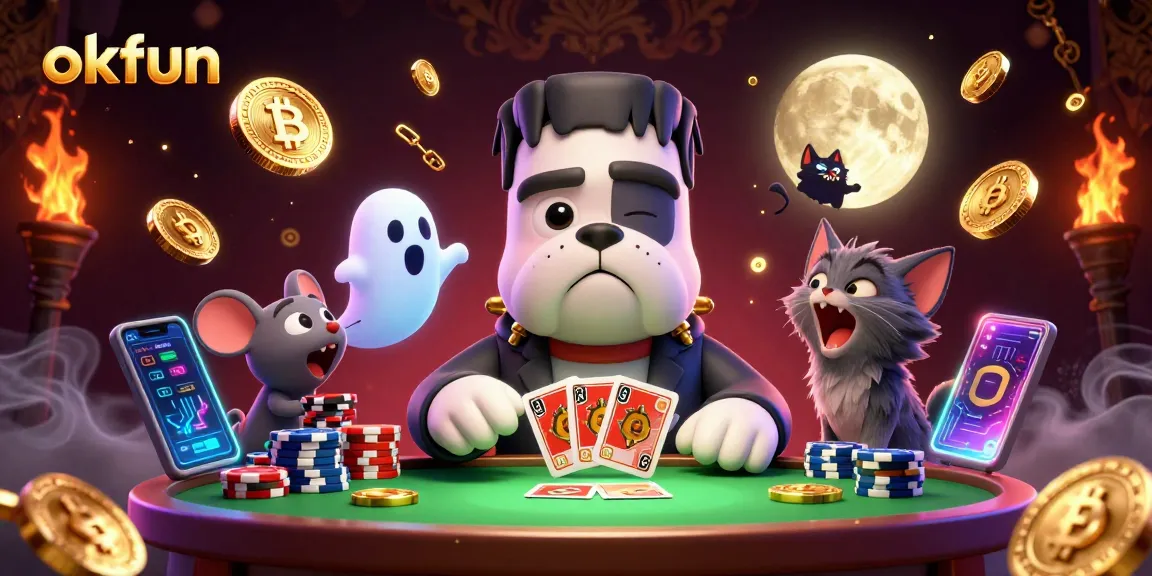 Experience gaming thrills with okfun at a vibrant online casino featuring cartoon characters and crypto elements.