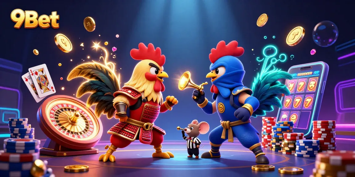 Engage with the thrilling 9Bet standoff featuring fierce cartoon roosters and dynamic casino elements.