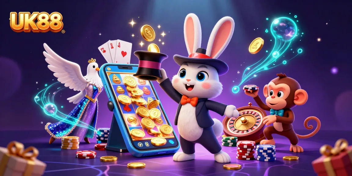 Experience the excitement of UK88 with a magical scene featuring a rabbit, dove, and monkey amidst casino elements.