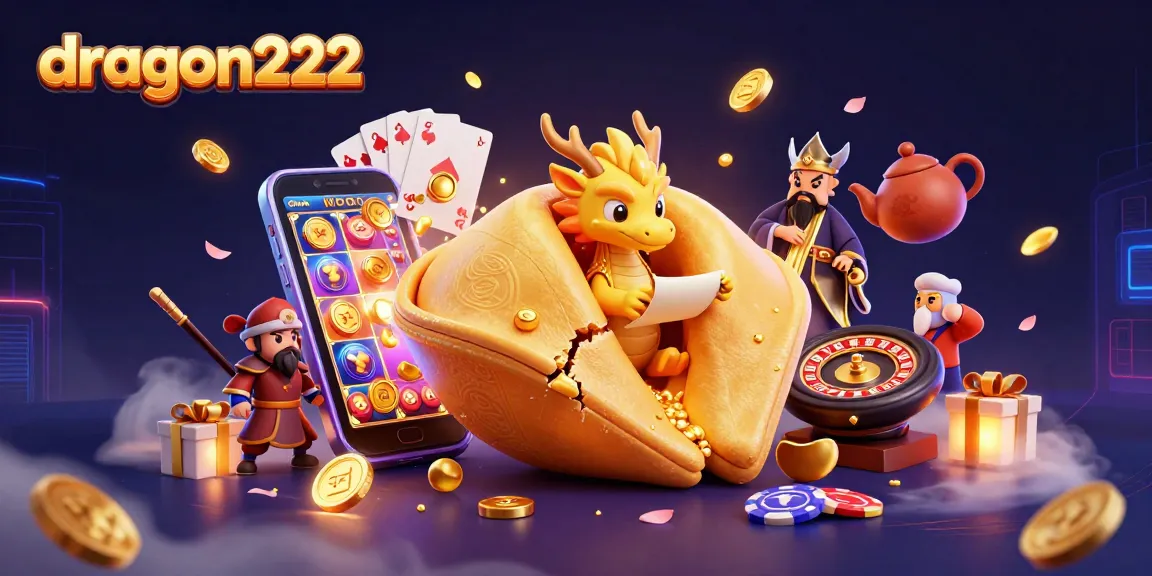 Spin vibrant slot games with dragon222 while a wise dragon reads fortune scrolls amidst rich casino elements.