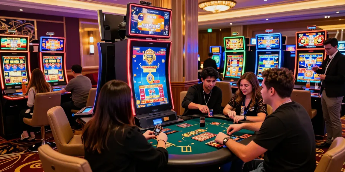 Engaged players enjoying credit card casinos, vibrant gaming atmosphere with slot machines and transactions.
