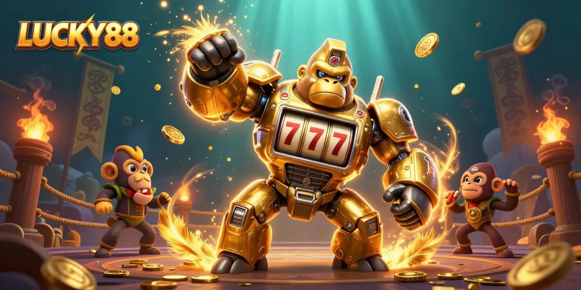 Experience exciting gambling action with LUCKY88 in a vibrant 3D illustration filled with slots and treasures.