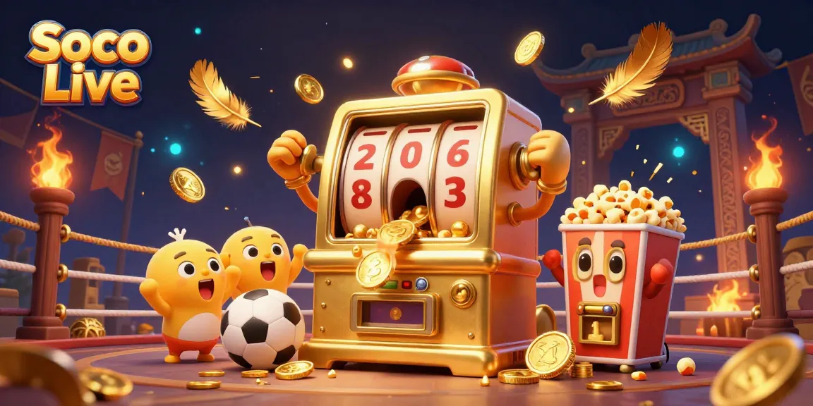 Soco Live showcases a vibrant 3D casino scene with a golden slot machine and cheering baby slots.