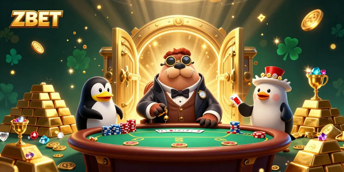 Engage in thrilling poker at ZBET with a whimsical walrus, pufferfish, and penguin dealer.